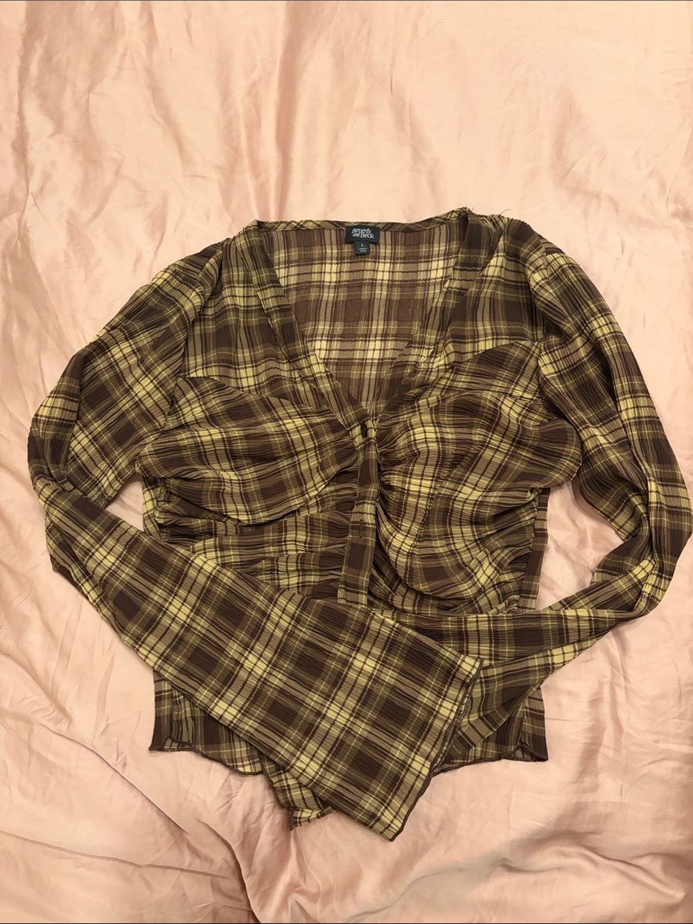 PacSun Olive & Brown Plaid Tie-Front Long Sleeve Top